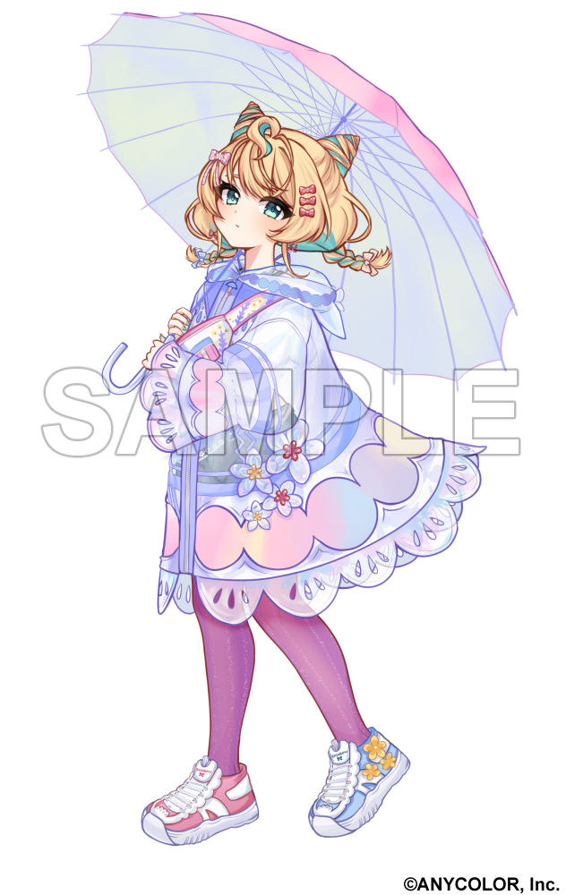 1girl, aqua_eyes, aqua_hair, aqua_nails, asymmetrical_footwear, blonde_hair, blush, braid, copyright_notice, english_commentary, expressionless, holding, holding_umbrella, hood, hood_down, jacket, looking_at_viewer, low_twin_braids, medium_hair, millie_parfait, millie_parfait_(5th_costume), mismatched_footwear, multicolored_hair, nijisanji, nijisanji_en, official_art, pantyhose, pink_pantyhose, rain_poncho, see-through_clothes, see-through_jacket, shoes, simple_background, sneakers, solo, streaked_hair, temachii, twin_braids, umbrella, virtual_youtuber, white_background