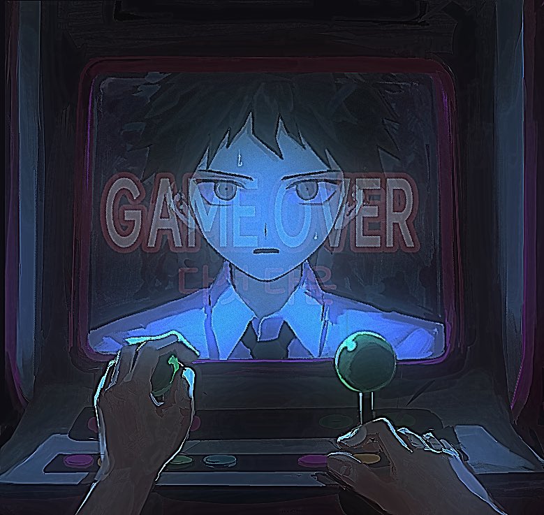 1boy, arcade_cabinet, commentary_request, danganronpa_(series), danganronpa_2:_goodbye_despair, game_over, hinata_hajime, korean_commentary