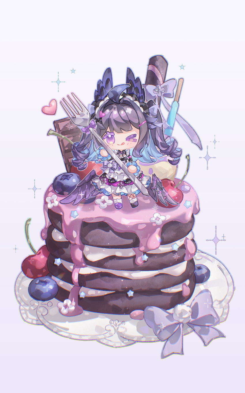 1girl, ;q, absurdres, ahoge, blue_hair, blueberry, blush, cake, candy, cherry, chibi, chibi_only, chocolate, chocolate_bar, colored_inner_hair, commentary, dzrzpuna2tcxcu3, enna_alouette, enna_alouette_(maid), food, fork, fruit, hair_intakes, head_wings, heart, highres, holding, holding_fork, icing, konpeitou, layer_cake, long_hair, looking_at_viewer, low_wings, maid, maid_headdress, mini_person, minigirl, multicolored_hair, nijisanji, nijisanji_en, on_food, one_eye_closed, purple_hair, single_fishnet_legwear, solo, sparkle, symbol-only_commentary, tongue, tongue_out, two_side_up, violet_eyes, virtual_youtuber, wings