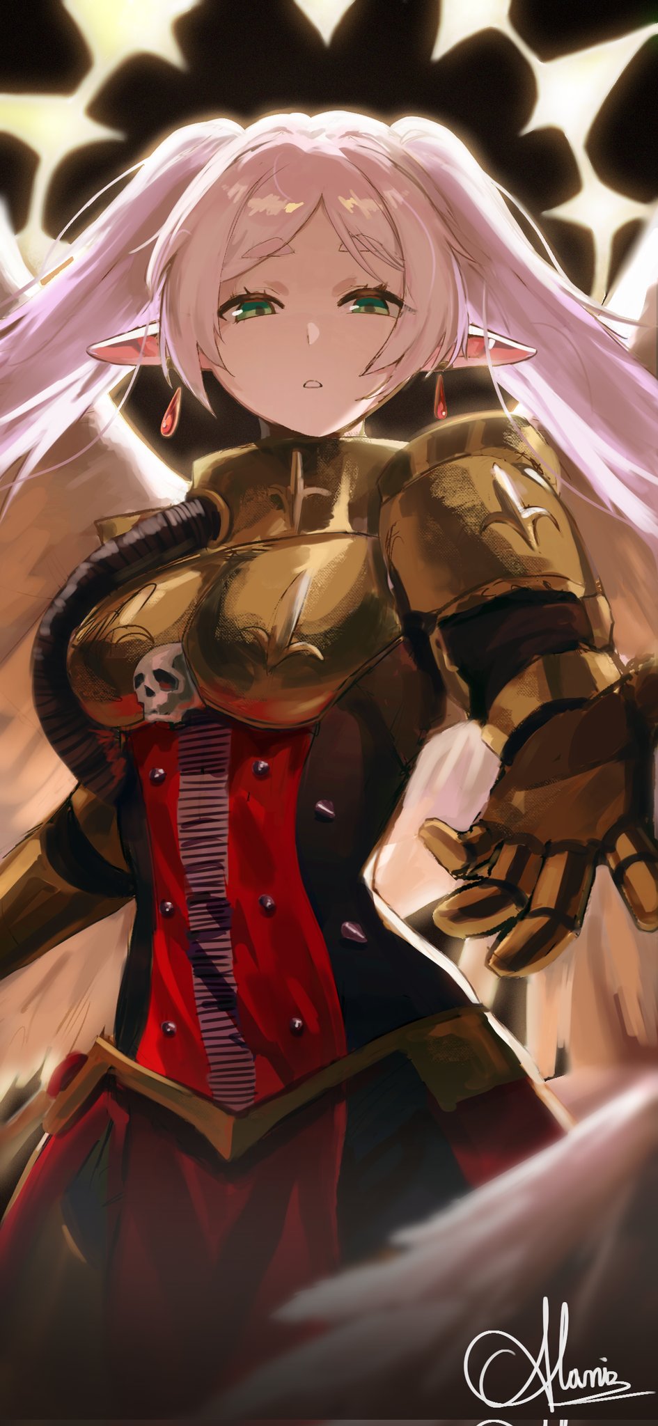 1girl, :o, alaniz_(lafertealanis), armor, earrings, frieren, halo, highres