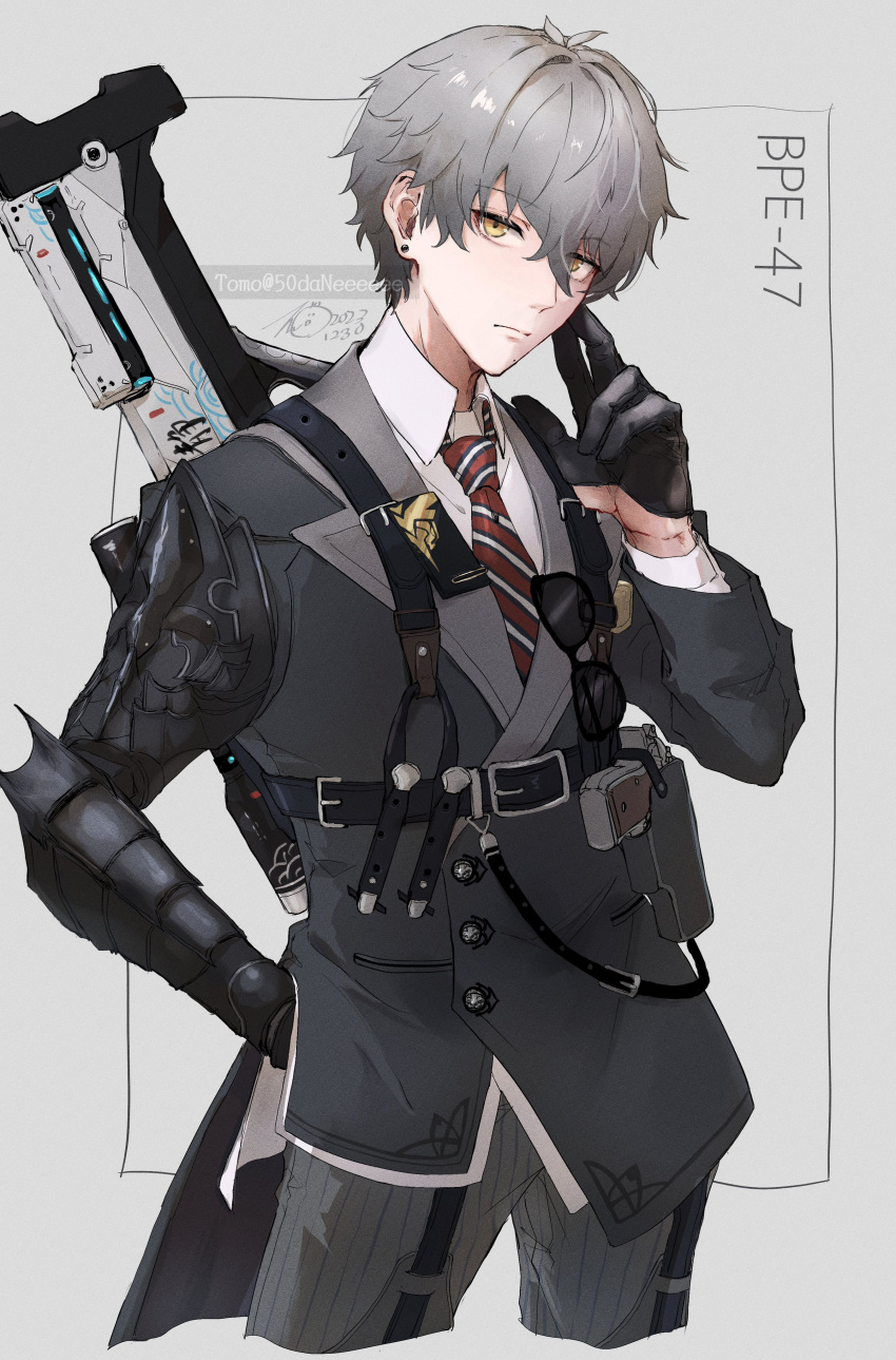1boy, 50daneeeeee, absurdres, belt, black_gloves, closed_mouth, collared_shirt, commentary_request, cowboy_shot, earrings, eyewear_hang, gloves, grey_hair, grey_jacket, gun, gun_on_back, highres, holster, jacket, jewelry, long_sleeves, looking_at_viewer, male_focus, mechanical_arms, mole, mole_under_mouth, necktie, official_alternate_costume, pants, punishing:_gray_raven, red_necktie, shirt, short_hair, single_mechanical_arm, solo, strap, striped_clothes, striped_necktie, striped_pants, stud_earrings, sunglasses, unworn_eyewear, wanshi:_hypnos_(hawk_scout)_(pgr), wanshi_(pgr), weapon, weapon_on_back, yellow_eyes
