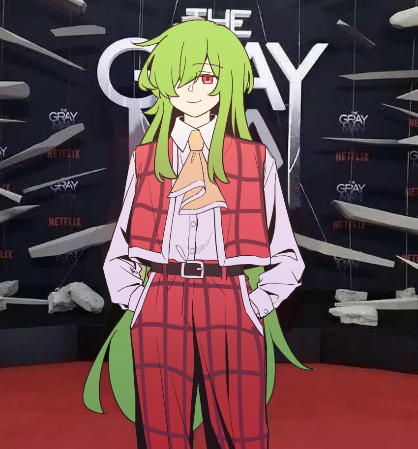 1girl, ascot, belt, black_belt, dress_shirt, green_hair, hair_over_one_eye, highres