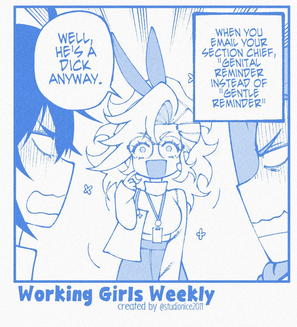 3girls, anna_ayasaki, bag, blank_eyes, blue_theme, breasts, emphasis_lines, english_text, glasses, hair_ribbon, id_card, jenny_miller, josephine_jonouichi, lanyard, long_hair, looking_at_another, monochrome, multiple_girls, open_mouth, original, ribbon, shirt, smile, speech_bubble, studionice2011, talking, turn_pale