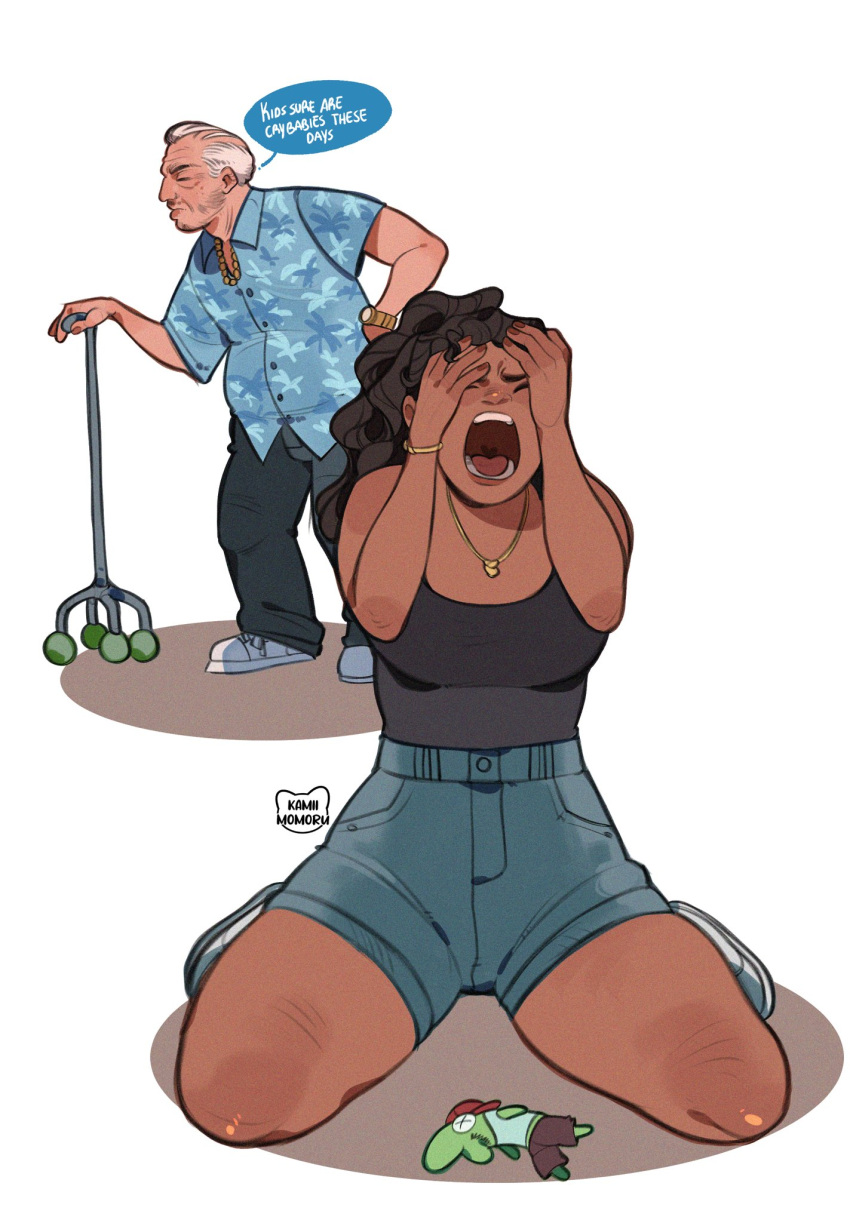 1boy, 1girl, aged_up, balding, black_hair, black_pants, black_tank_top, blue_shirt, blue_shorts, breasts, closed_eyes, crying, dark-skinned_female, dark_skin, english_text, grand_theft_auto, grand_theft_auto:_vice_city, grand_theft_auto_vi, hands_up, hawaiian_shirt, highres, in-franchise_crossover, jewelry, kamii_momoru, lucia_caminos, necklace, old, old_man, open_mouth, pants, polo_shirt, screaming, shirt, short_sleeves, shorts, sitting, sleeveless, speech_bubble, standing, stuffed_toy, tank_top, teeth, thighs, tommy_vercetti, tongue, watch, watch, white_hair