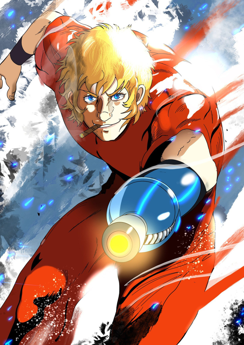 1970s_(style), 1boy, arm_up, bent_over, biceps, blonde_hair, blue_background, blue_eyes