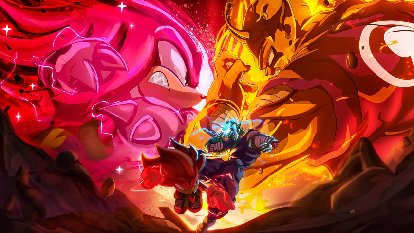 2boys, 2kartz, absurdres, animal_ears, animal_nose, antennae, bald, chest_fur, cloud_clothes, colored_skin, dougi, dragon_ball, dragon_ball_super, dragon_ball_super_super_hero, furry, furry_male, gloves, highres, jumpsuit, knuckles_the_echidna, multiple_boys, muscular, muscular_male, namekian, no_eyebrows, orange_piccolo, orange_skin, pants, pectorals, piccolo, pink_fur, pointy_ears, purple_jumpsuit, purple_pants, red_eyes, red_shoes, sash, shoes, short_tail, soap_shoes, sonic_(series), sonic_the_hedgehog_(classic), spiked_gloves, super_knuckles, tail, teeth, violet_eyes, white_gloves