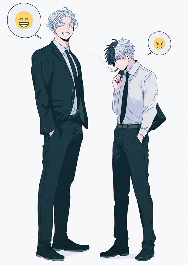2boys, angry_face_emoji, belt, black_hair, black_necktie, black_shoes, black_suit, brown_belt