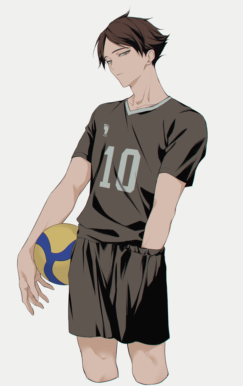 1boy, absurdres, ball, black_shorts, brown_hair, closed_mouth, collarbone, commentary_request, cropped_legs, grey_eyes, haikyuu!!, hand_under_clothes, hand_under_shorts, highres, inarizaki_volleyball_uniform, looking_at_viewer, male_focus, middle_part, parted_bangs, short_hair, shorts, simple_background, solo, sportswear, suna_rintarou, unreal_(artist), volleyball_(object), volleyball_uniform, white_background