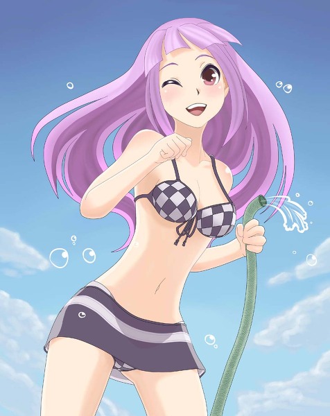 artist_request, bikini, blush, cloud, clouds, evelyn_(rune_factory), hose, long_hair, midriff, navel, purple_eyes, purple_hair, rune_factory, rune_factory_3, sky, swimsuit, violet_eyes