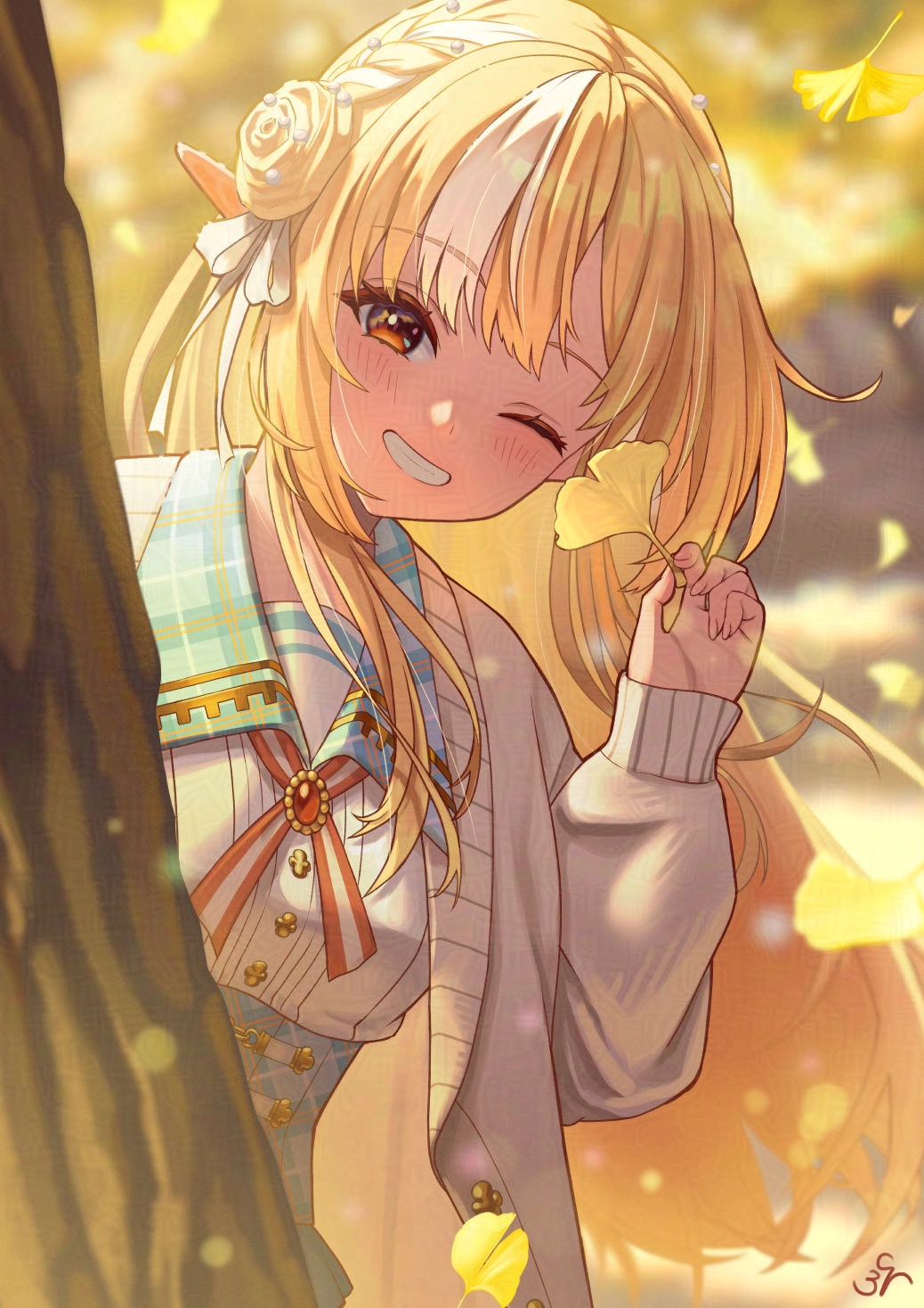 1girl, blonde_hair, blurry, blurry_background, blush, braid, cardigan, commentary