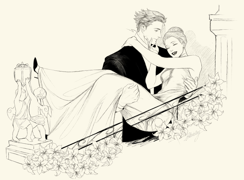 1boy, 1girl, ^_^, absurdres, alexander_(veil), carrying, carrying_person, closed_eyes