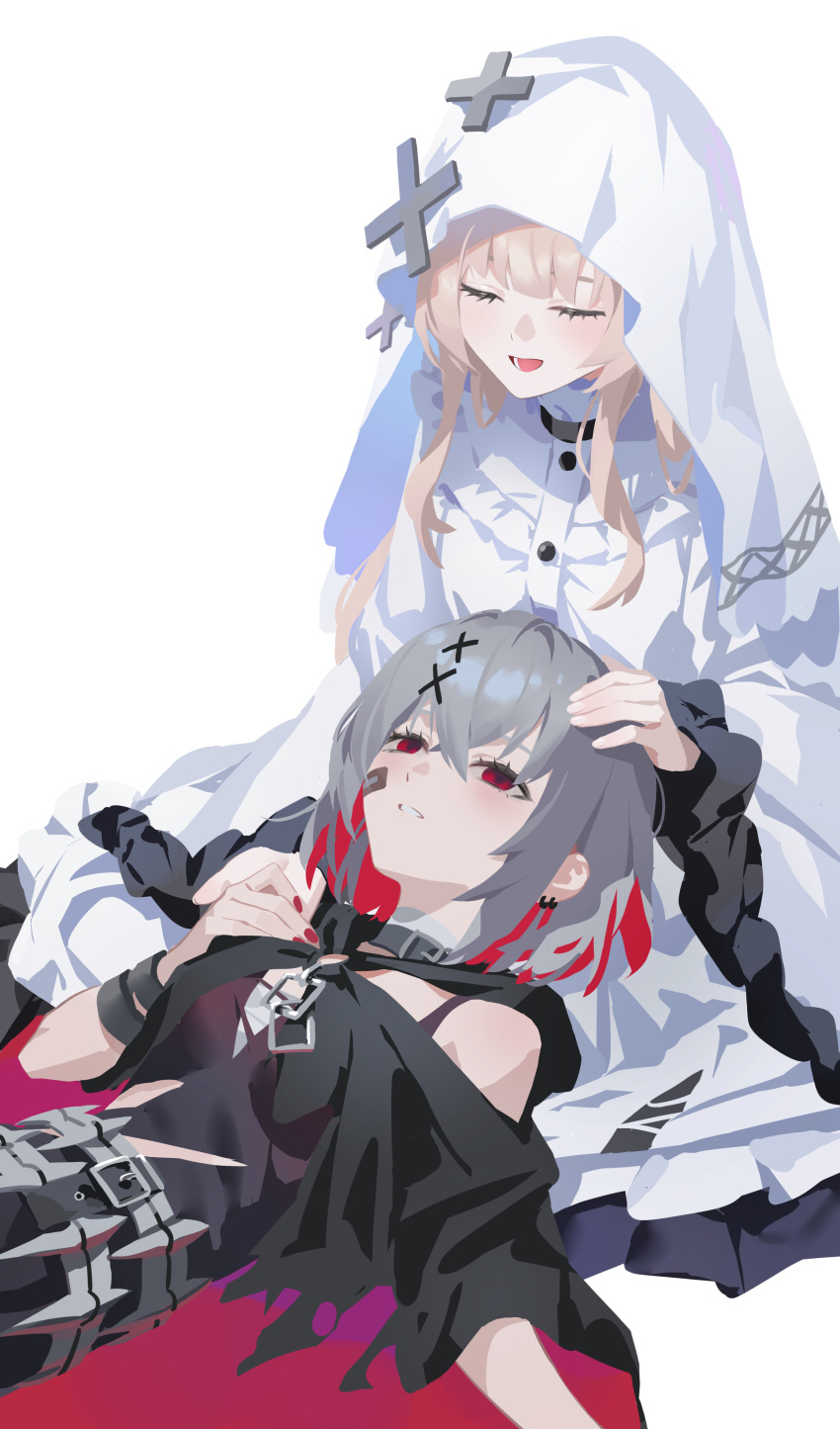 2girls, absurdres, black_dress, blonde_hair, chinese_commentary, closed_eyes, colored_inner_hair, commentary_request