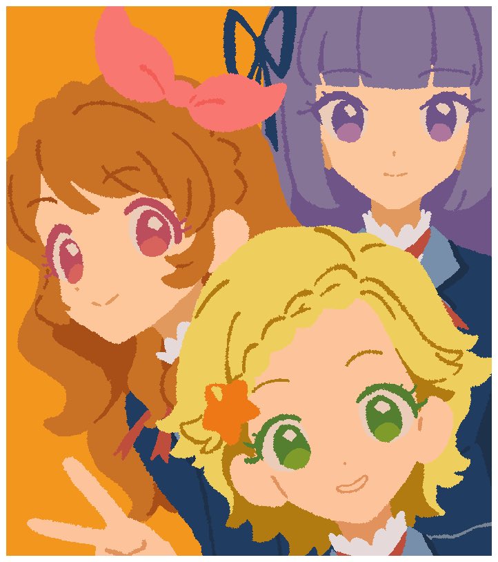 3girls, aikatsu!, aikatsu!_(series), blonde_hair, blue_ribbon, blunt_bangs, border, braid, braided_bangs, brown_hair, closed_mouth, commentary, green_eyes, hair_ornament, hair_ribbon, hikami_sumire, koke_(koke7), long_hair, long_sleeves, looking_at_viewer, multiple_girls, orange_background, ozora_akari, pink_eyes, purple_hair, ribbon, school_uniform, shinjo_hinaki, short_hair, simple_background, smile, star_(symbol), star_hair_ornament, starlight_academy_school_uniform, symbol-only_commentary, upper_body, v, violet_eyes, white_border