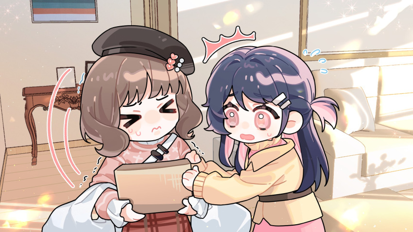 >_<, 2girls, bag, belt, beret, box, brown_belt, brown_hair, brown_hat, cardboard_box, chibi, chibi_only, closed_mouth, coat, couch, flying_sweatdrops, game_cg, hair_ornament, hairclip, hat, heart, highres, holding, holding_box, indoors, long_hair, love_curse:_find_your_soulmate, megan_(love_curse), multicolored_hair, multiple_girls, no_nose, non-web_source, official_art, open_mouth, pale_skin, pillow, pink_eyes, pink_hair, plaid_clothes, plaid_skirt, plastic_bag, purple_hair, selene_yan, short_hair, short_side_ponytail, skirt, surprised, sweat, table, two-tone_hair, yellow_coat