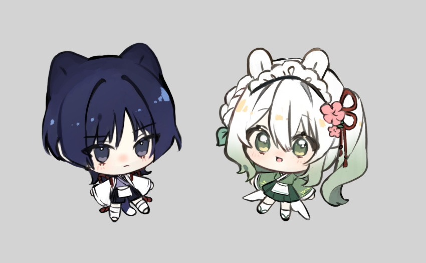 1boy, 1girl, alternate_costume, animal_ears, apron, arms_at_sides, black_hair, black_sandals
