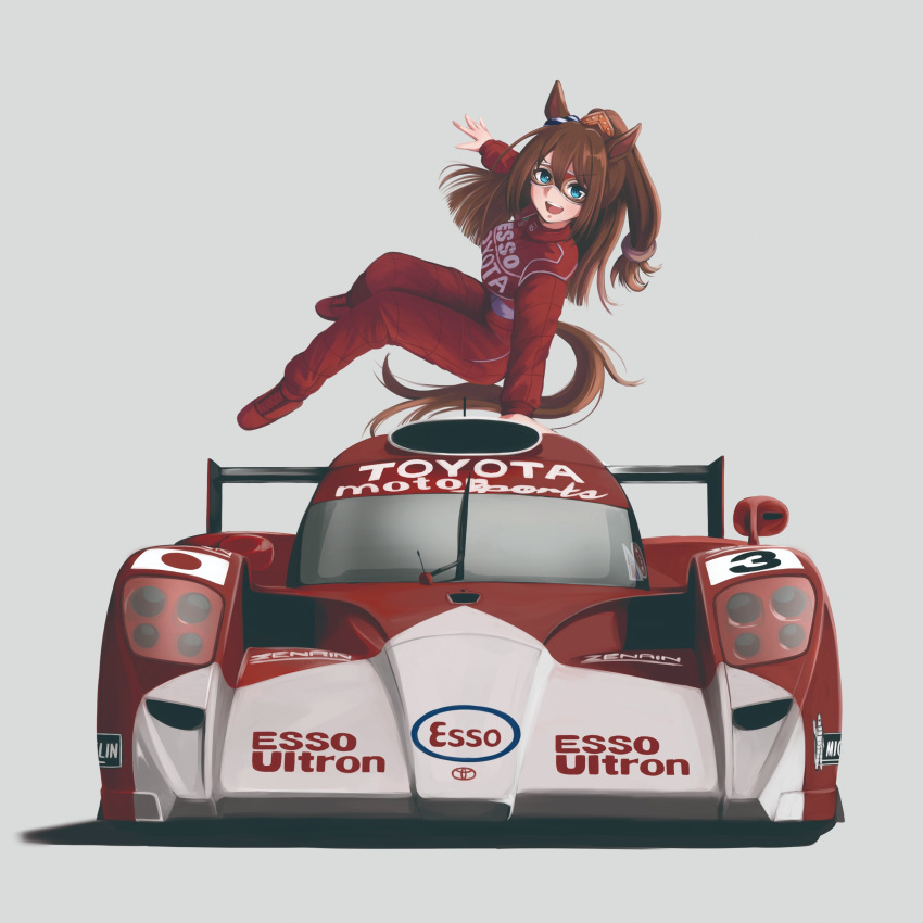 1girl, absurdres, animal_ears, blue_eyes, bow, brown_hair, car, domino_mask, ear_bow, ear_ornament, ear_scrunchie, el_condor_pasa_(umamusume), eye_mask, full_body, hashtag-only_commentary, highres, horse_ears, horse_girl, horse_tail, long_sleeves, mask, motor_vehicle, race_vehicle, racecar, racing_suit, red_racing_suit, tail, toyota, toyota_ts020, umamusume, yanparap