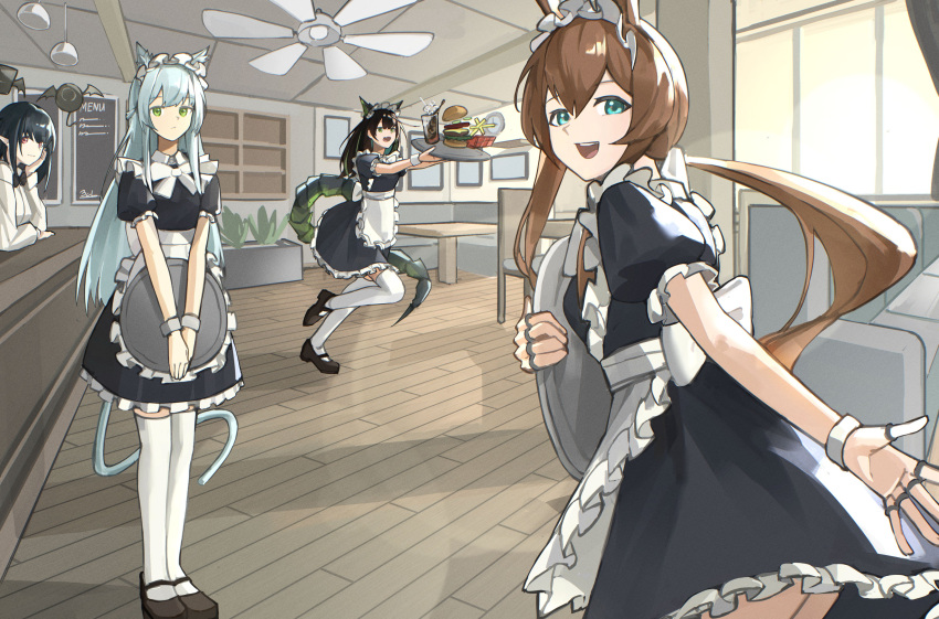 4girls, absurdres, alternate_costume, amiya_(arknights), animal_ear_fluff, animal_ears, apron, arknights