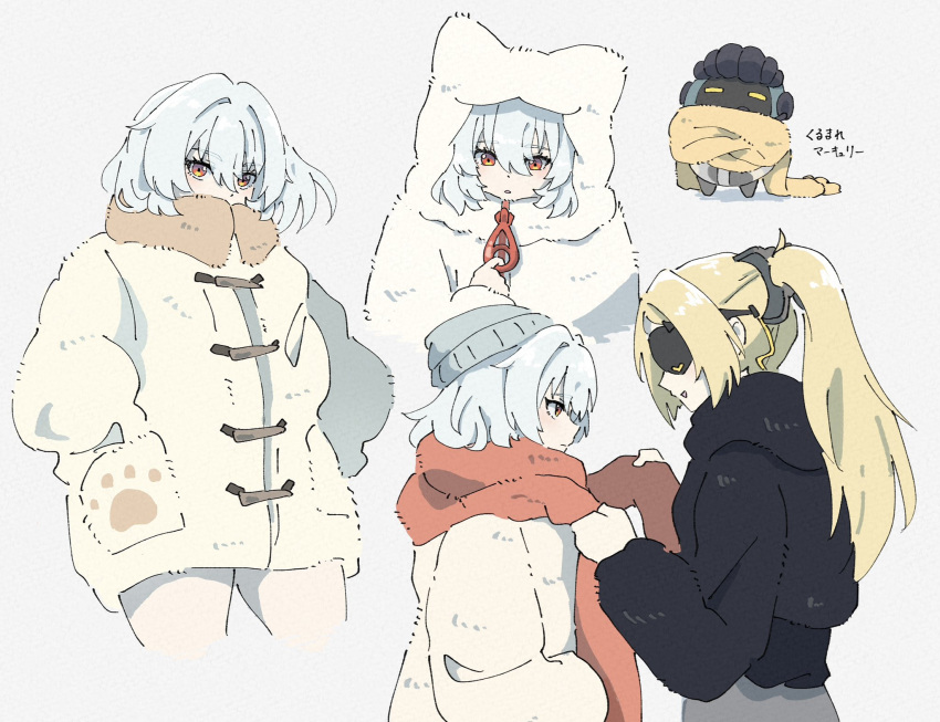 2girls, bangboo_(zenless_zone_zero), blindfold, blonde_hair, blunt_bangs, commentary_request, grey_background, hair_between_eyes