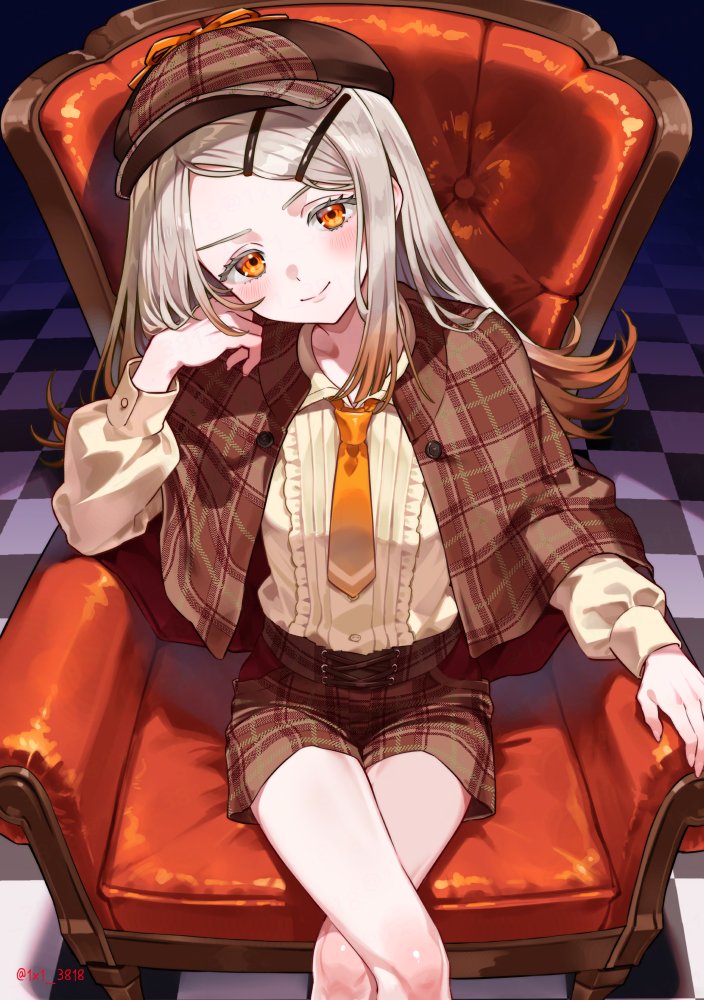 1girl, armchair, beret, blonde_hair, blush, bow, bowtie, chair