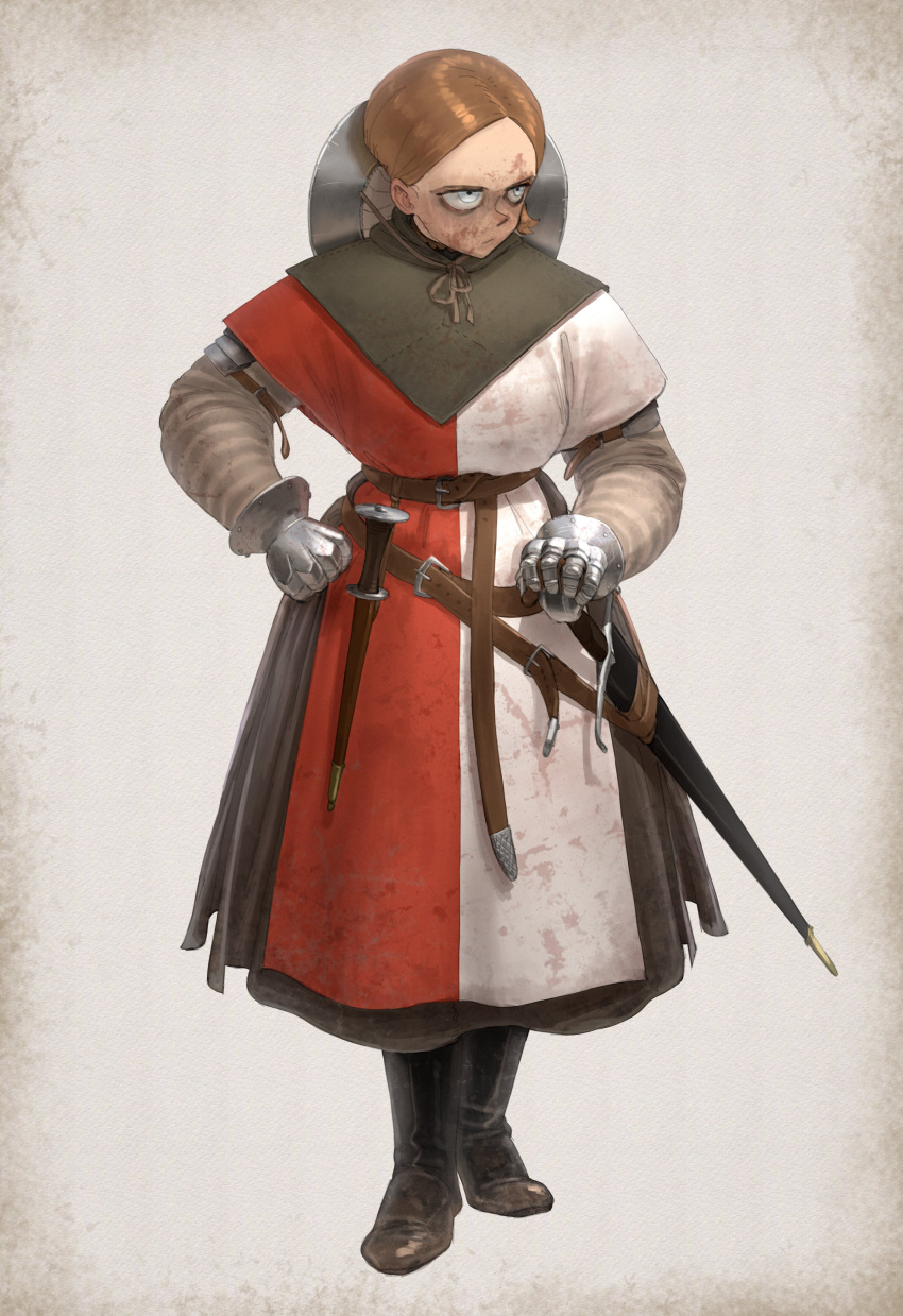 1girl, absurdres, armor, belt, blood, blood_on_clothes, blood_on_face, blue_eyes