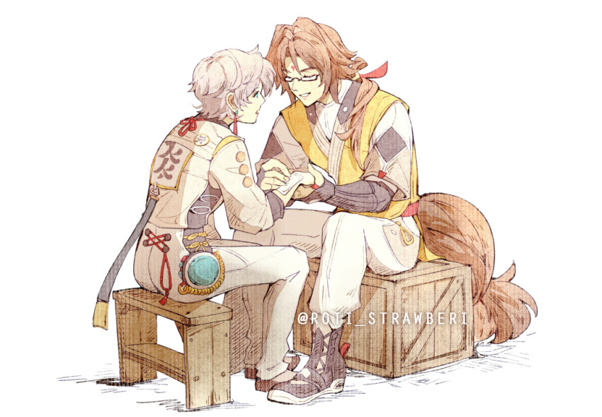 2boys, black_shoes, brown_hair, brown_tail, chinese_clothes, closed_eyes, commentary_request, droopy_ears