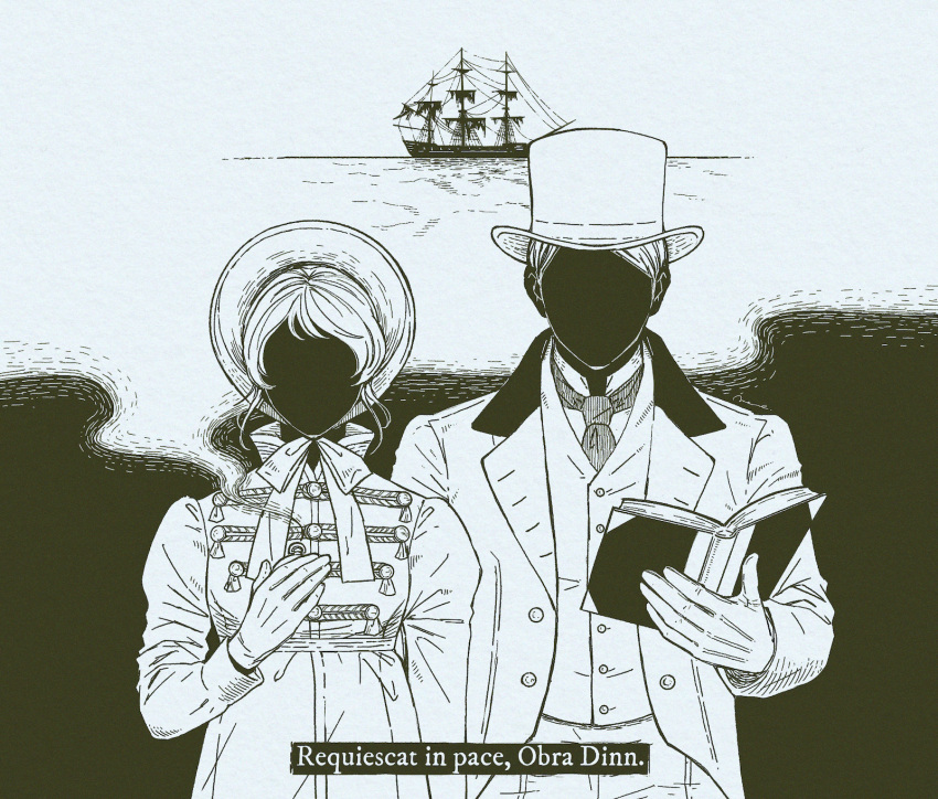 1boy, 1girl, book, coat, english_commentary, faceless, facing_viewer, gloves