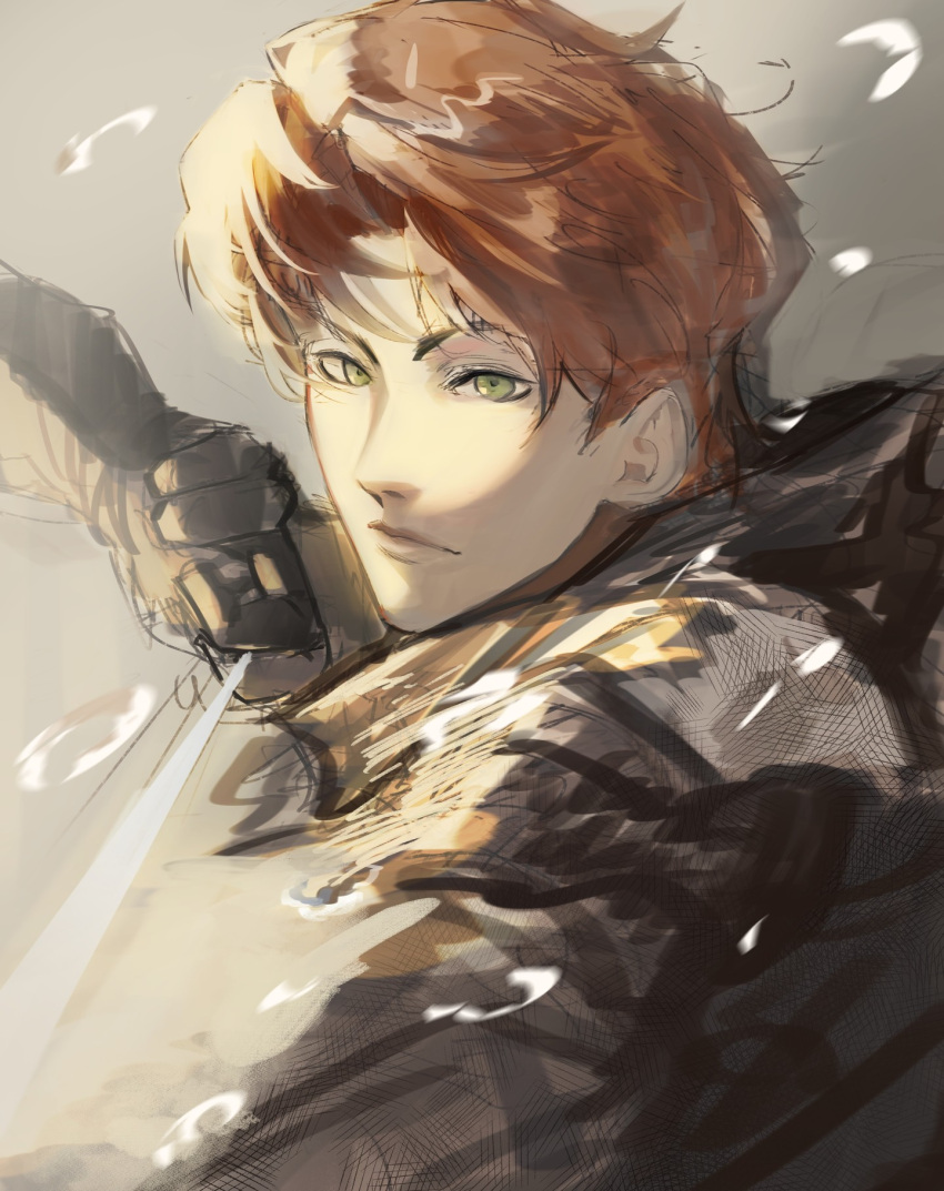 1boy, aiming, armor, black_gloves, black_shirt, bow_(weapon), brown_hair, embers