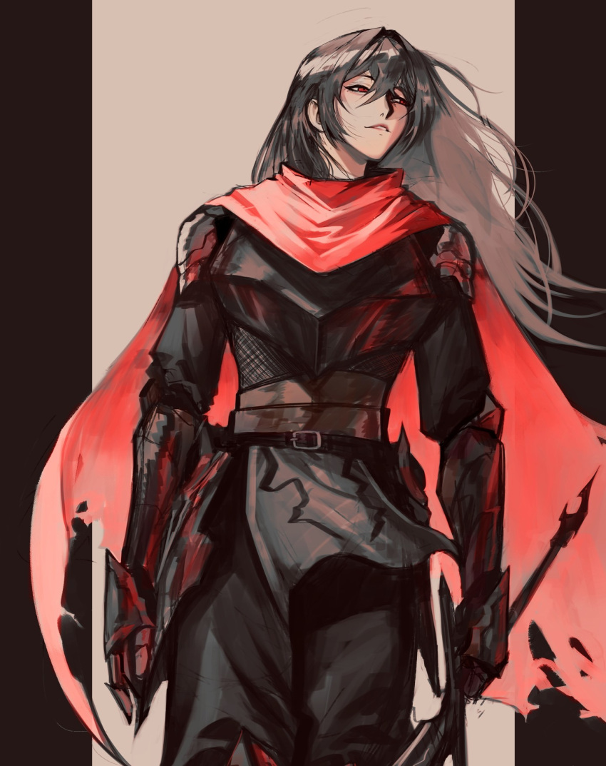 1girl, arm_guards, armor, belt, black_hair, black_shirt, breastplate, cape, cowboy_shot, floating_hair, grin, highres, holding, holding_sword, holding_weapon, logicsterrr, long_hair, morgan_(shadow_slave), outside_border, parted_lips, pelvic_curtain, pillarboxed, red_cape, red_eyes, shadow_slave, shirt, shoulder_armor, smile, standing, sword, torn_cape, torn_clothes, weapon
