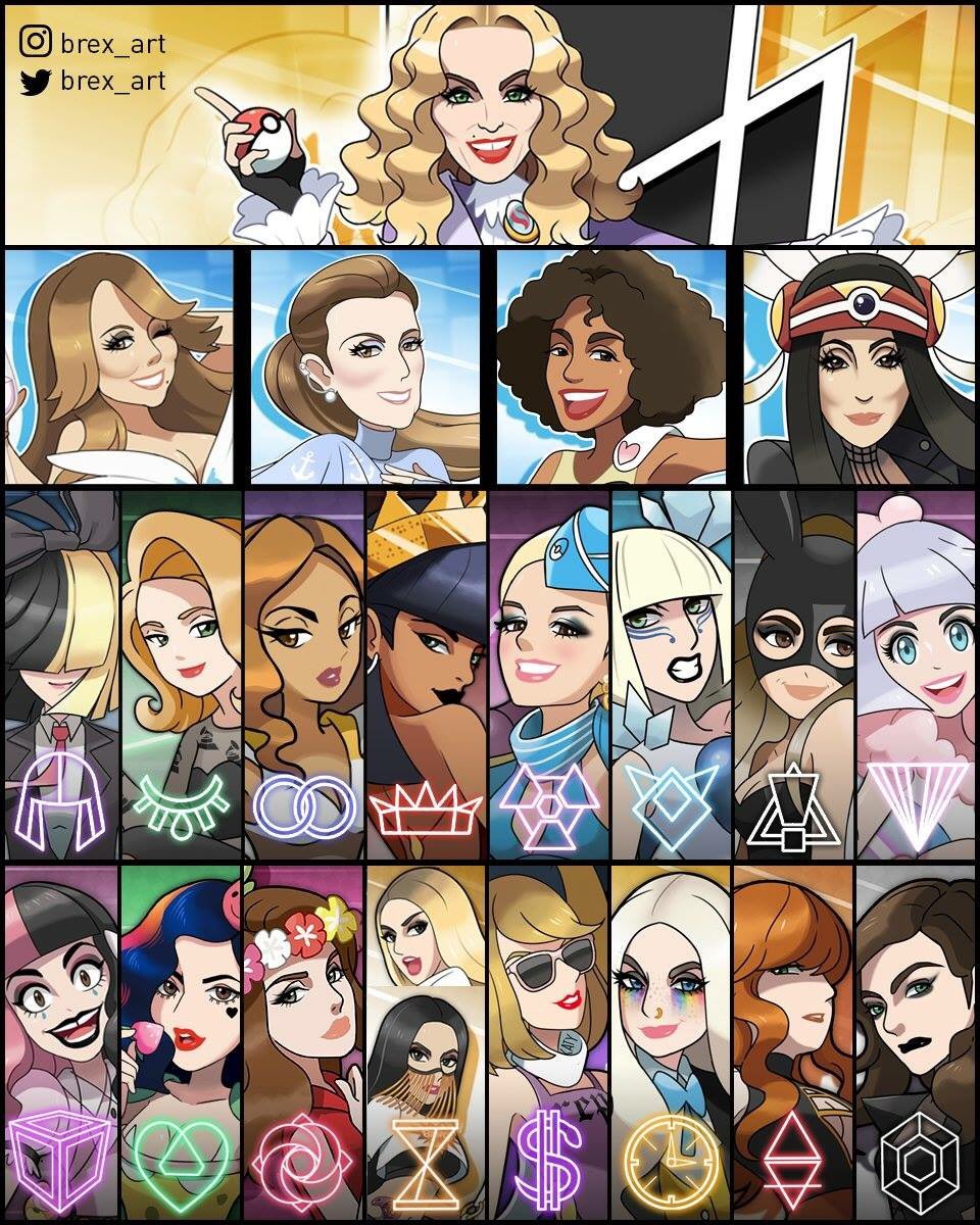 !, 6+girls, adele, ariana_grande, artist_name, ava_max, badge, badge_(pokemon), berry_(pokemon), beyonce, black_hair, black_mask, bleached_hair, blonde_hair, blue_eyes, bow, brex_art, britney_spears, brown_eyes, brown_hair, california_gurls, celine_dion, character_request, cher, cherubi, clock, comfey, comfey_(cosplay), commentary, cosplay, crown, cry_baby_(melanie_martinez), curly_hair, dangerous_woman, dark-skinned_female, dark_skin, dollar_sign, english_commentary, eyeshadow, flight_attendant, flower, froot_(marina), gem, green_eyes, hair_bow, headdress, heart, heart-shaped_mole, highres, holding, holding_poke_ball, instagram_logo, instagram_username, jewelry, katy_perry, kesha_rose_sebert, lady_gaga, lana_del_rey, lipstick, lorde, madonna_(singer), makeup, mariah_carey, marina_and_the_diamonds, mega_stone, melanie_martinez, mole, mole_above_mouth, mole_under_mouth, multiple_girls, native_american_headdress, parody, pecha_berry, poke_ball, pokemon, purple_hair, radioactive, real_life, red_hair, reputation_(taylor_swift), rhianna, ring, sia_(singer), side_ponytail, style_parody, suit, taylor_swift, teddiursa, travel_attendant, twitter_logo, twitter_username, wedding_ring, whitney_houston, wig