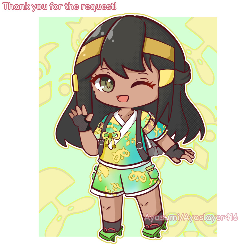 absurdres, akari_(pokemon), ayasumi_(ayaslayer416), backpack, bag, black_hair, black_socks, chibi, commentary, commission, english_commentary, english_text, fingerless_gloves, gloves, green_eyes, green_sandals, headband, highres, japanese_clothes, jinbei_(clothes), juliana_(pokemon), original, pixiv_commission, pixiv_username, pokemon, pokemon_legends:_arceus, pokemon_sv, rhea_(stryker324), sandals, socks, tan