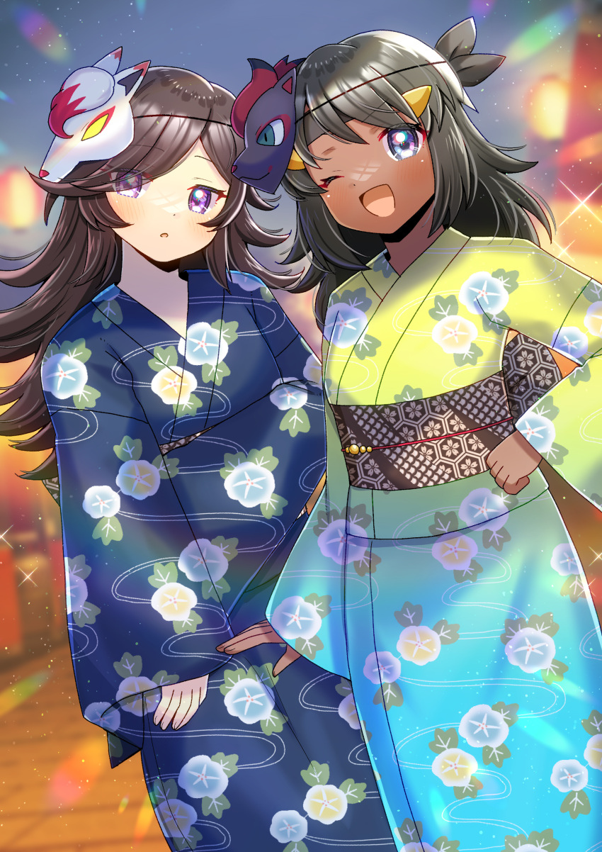 2girls, :d, absurdres, black_hair, blue_eyes, blue_kimono, blurry, blurry_background, brown_hair, commentary, commission, commissioner_upload, dark-skinned_female, dark_skin, english_commentary, floral_print, floral_print_kimono, fran_(arachnos), green_kimono, highres, hisuian_zoroark, japanese_clothes, kimono, kou_hiyoyo, long_hair, long_sleeves, looking_at_viewer, mask, mask_on_head, multiple_girls, obi, one_eye_closed, open_mouth, original, outdoors, pokemon, pokemon_infinite_fusion, pokemon_sv, print_kimono, rhea_(stryker324), sash, skeb_commission, smile, violet_eyes, yukata, zoroark
