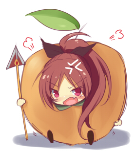 anger_vein, angry, apple, apricot_(fruit), blush, bow, chibi, fang