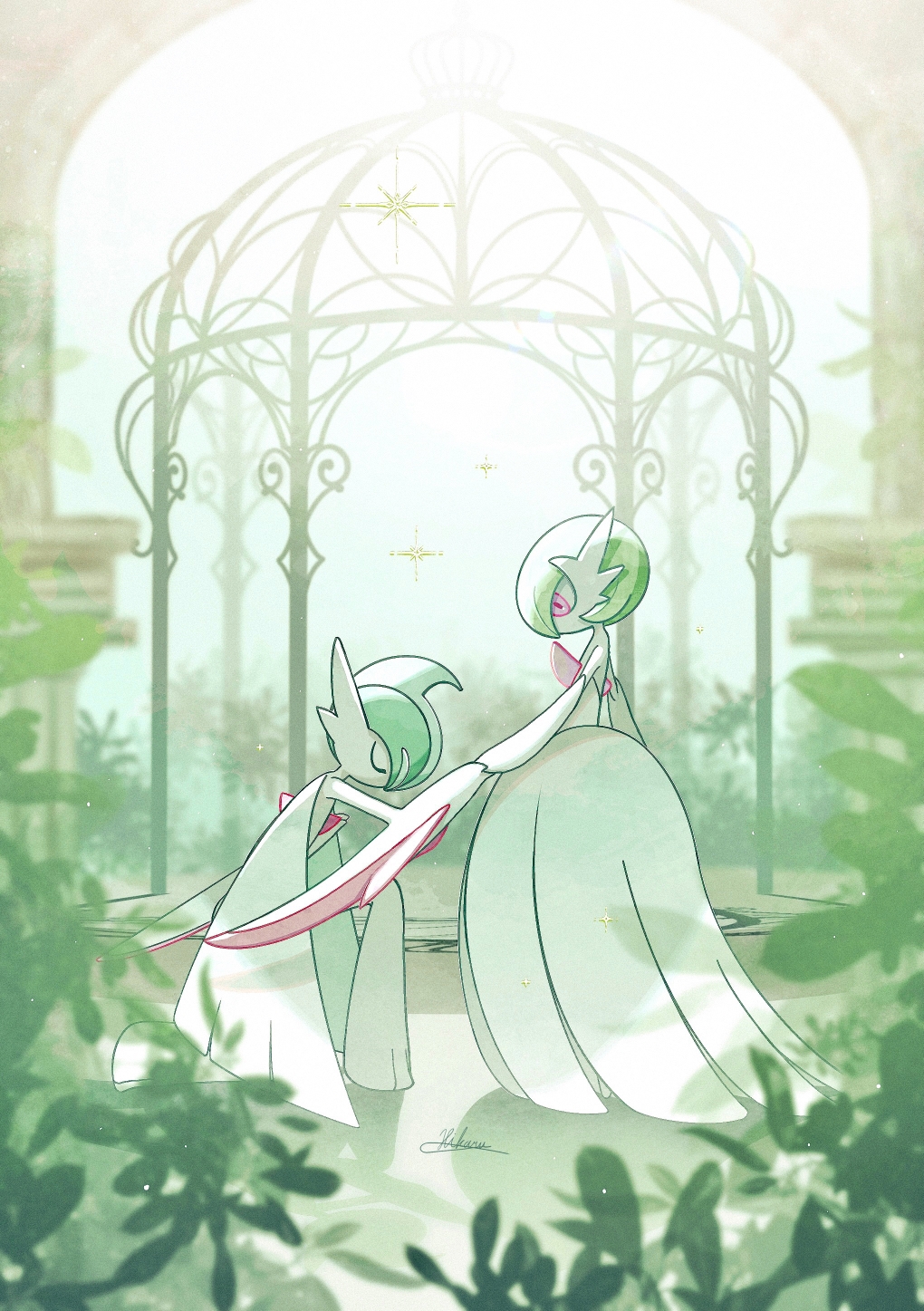 1boy, 1girl, arm_at_side, arm_blade, artist_name, backless_dress, backless_outfit, blue_hair