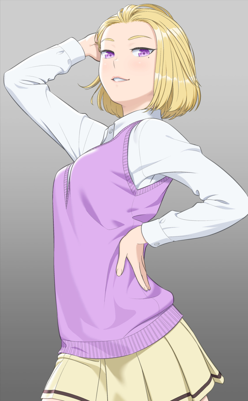 1girl, arm_behind_head, arm_up, blonde_hair, breasts, collared_shirt, commentary_request, cowboy_shot
