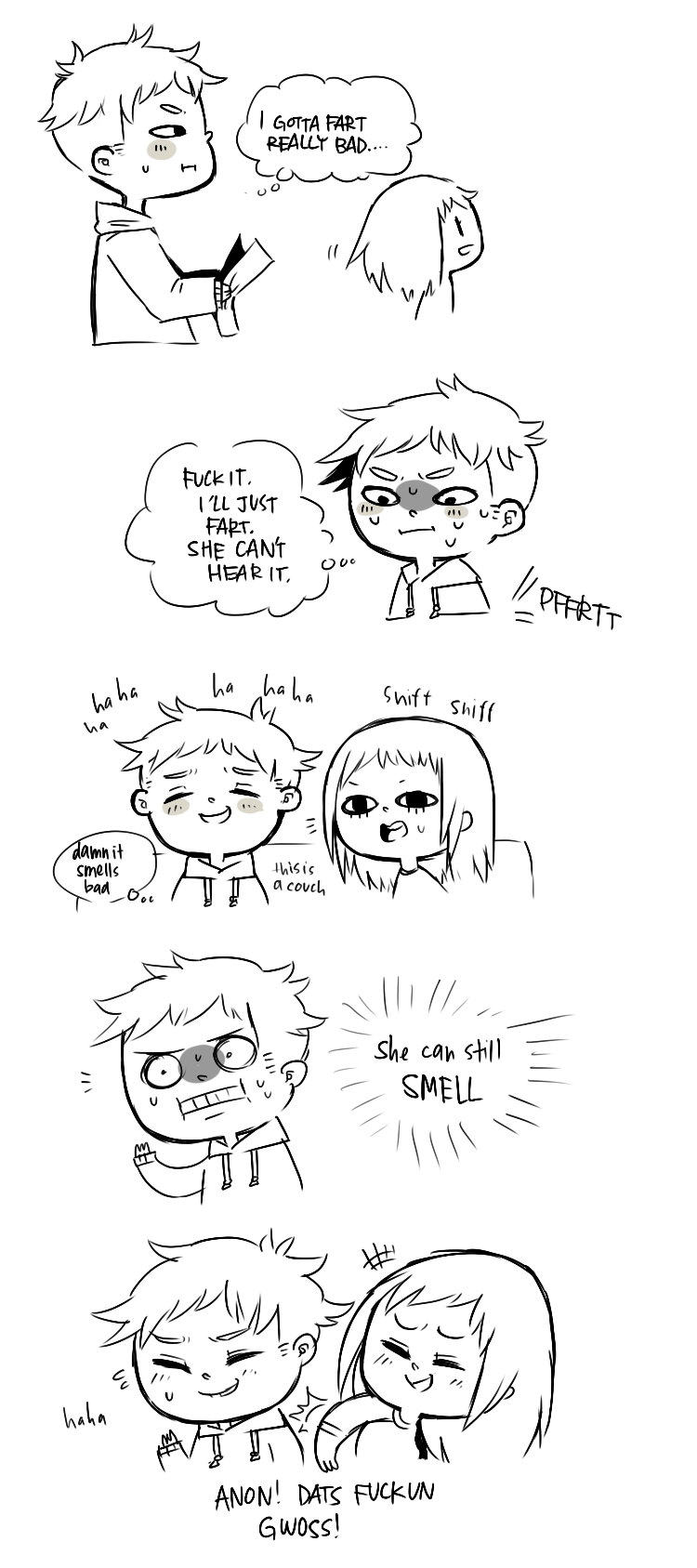 4chan, comic, couple, deaf, english, fart, highres, monochrome