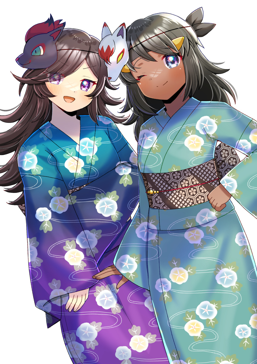 2girls, :d, ;), absurdres, black_hair, blue_kimono, brown_hair, closed_mouth