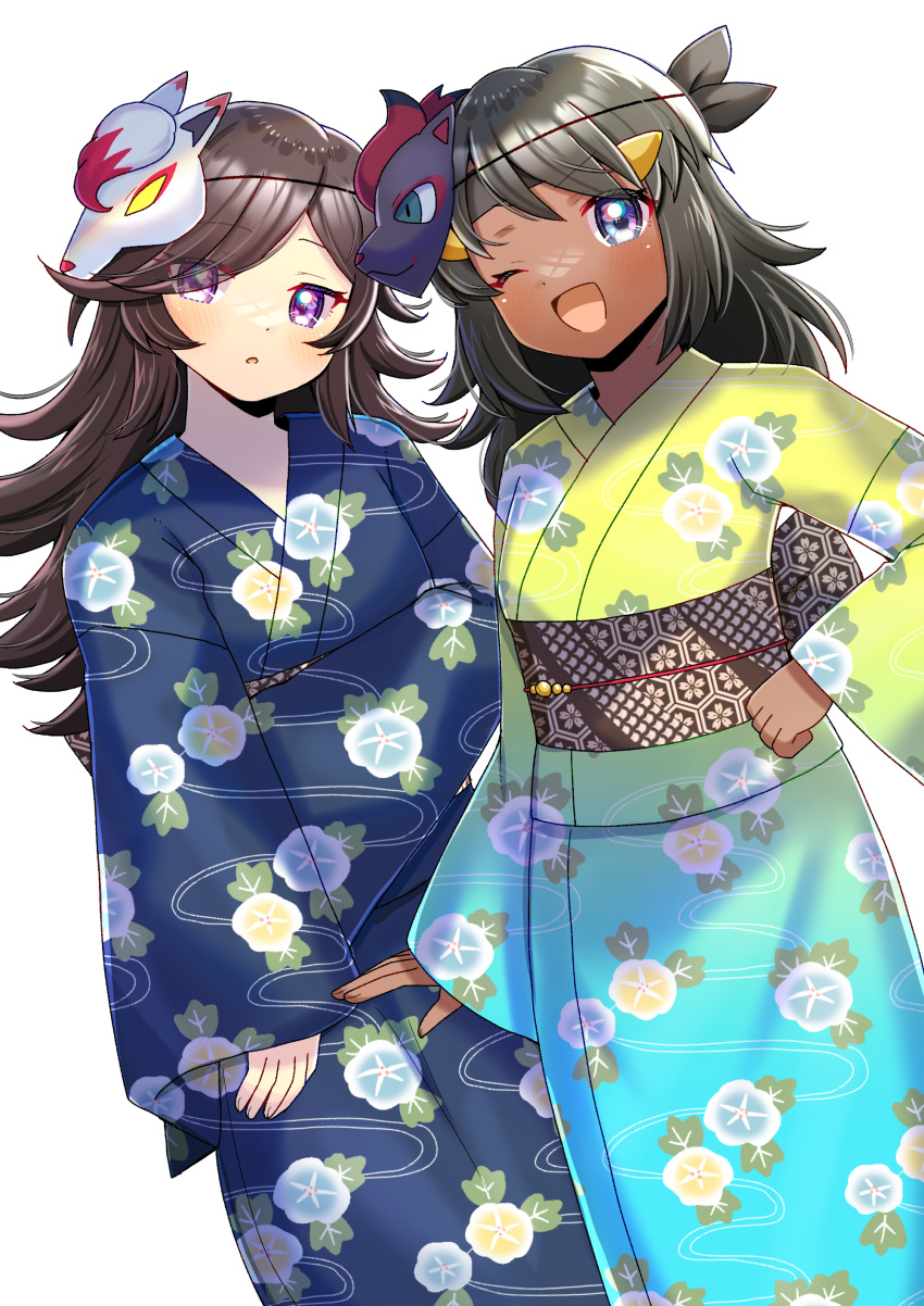 2girls, :d, absurdres, black_hair, blue_kimono, brown_hair, commentary, commission