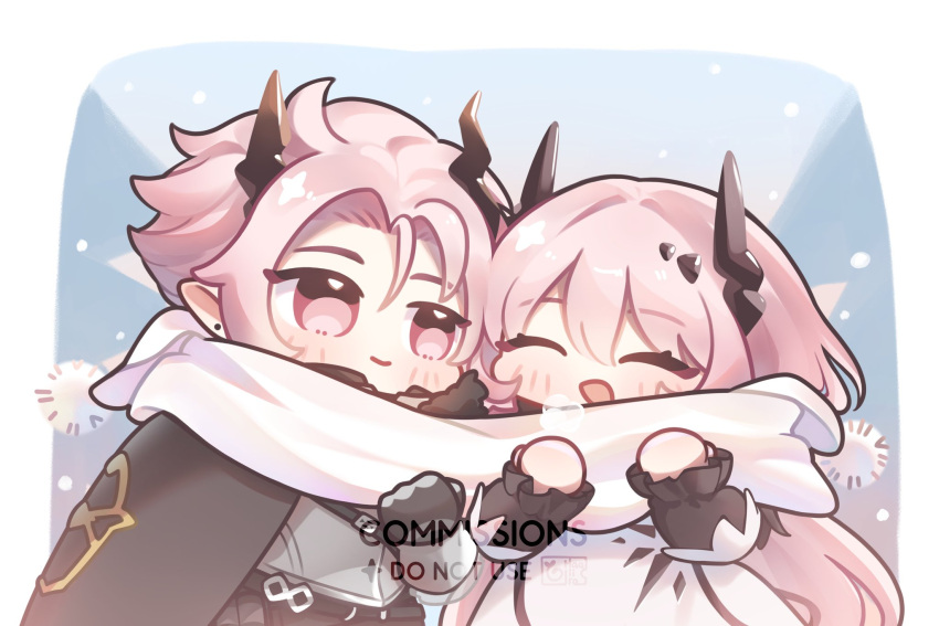 1boy, 1girl, arknights, armor, black_cape, blue_sky, blush, border