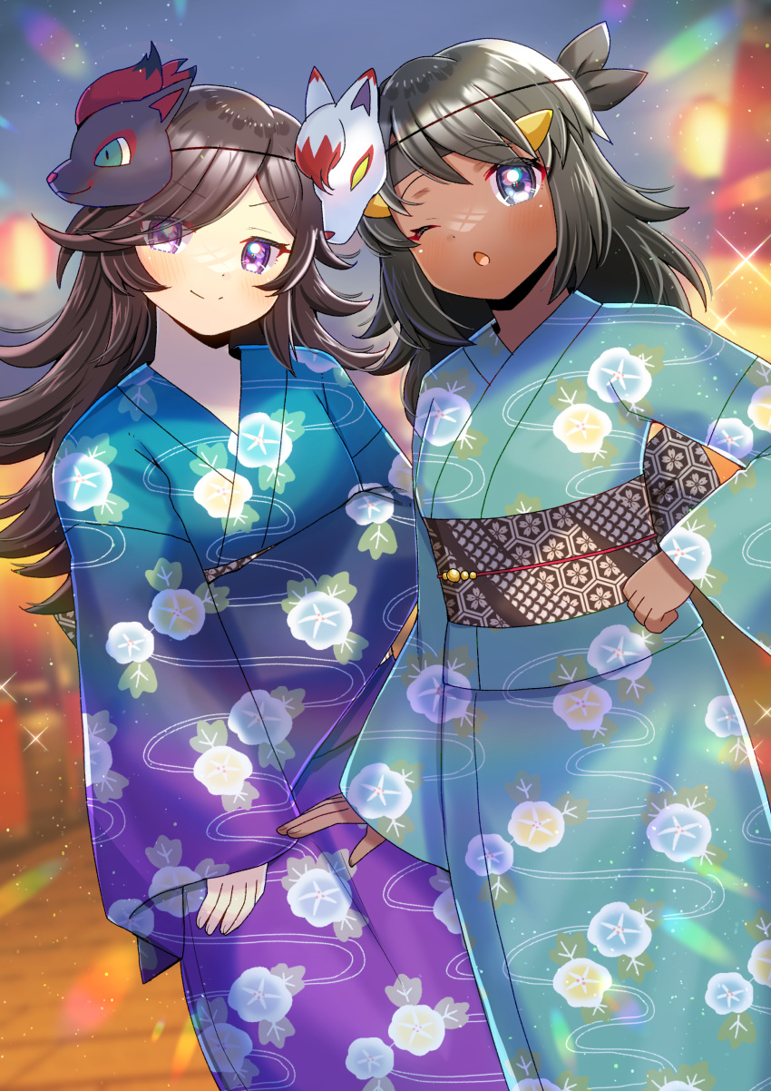2girls, :o, absurdres, black_hair, blue_kimono, blurry, blurry_background, brown_hair