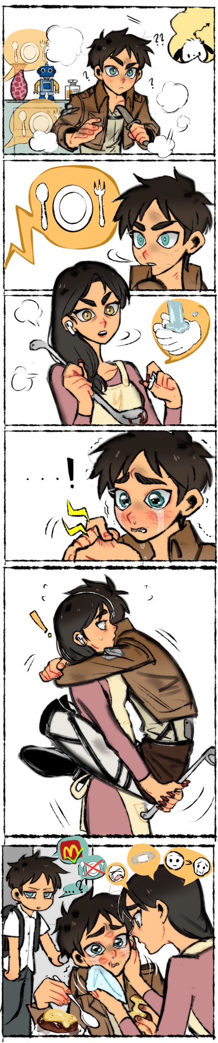 ..., 2boys, ?, alternate_universe, apron, aqua_eyes, backpack, bag, bandaid, border, breasts, brown_eyes, brown_hair, brown_jacket, carla_yeager, collared_shirt, commentary, cropped_jacket, crying, dirty, dirty_face, dog, dress, earphones, eren_yeager, fingernails, food, furrowed_brow, grey_pants, grey_shirt, hand_on_another's_cheek, hand_on_another's_face, highres, holding, holding_knife, holding_ladle, holding_spoon, hug, idc1066026, image_in_speech_bubble, jacket, knife, ladle, lipstick_mark, lipstick_mark_on_face, lipstick_mark_on_forehead, long_fingernails, mcdonald's, medium_breasts, mother_and_son, multiple_boys, pants, parted_bangs, parted_lips, pink_dress, plate, red_nails, robot, shingeki_no_kyojin, shirt, short_hair, spoken_ellipsis, spoon, streaming_tears, survey_corps_(emblem), symbol-only_commentary, tall_image, tears, thick_eyebrows, trembling, upper_body, utensil, vase, washing_hands, white_apron, white_background, white_border, white_shirt, wiping_face