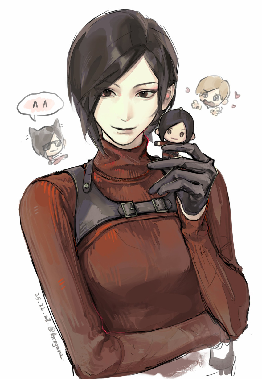 1boy, 1girl, ada_wong, animal_ears, arr0ganz_777, black_gloves, black_hair, blonde_hair, breasts, brown_eyes, cat_ears, chest_harness, chibi, chibi_inset, closed_mouth, commentary, crossed_arms, dated, english_commentary, gloves, harness, highres, leon_s._kennedy, medium_breasts, parted_bangs, red_sweater, resident_evil, resident_evil_4, resident_evil_4_(remake), short_hair, smile, sunglasses, sweater, turtleneck, turtleneck_sweater, twitter_username, upper_body, wavy_mouth, white_background