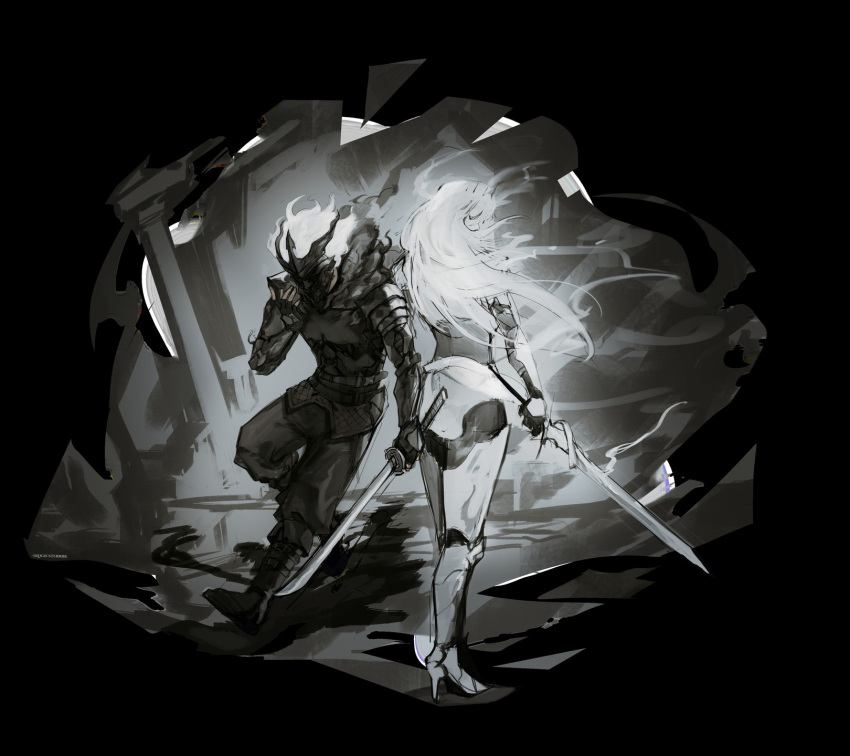 1boy, 1girl, arm_guards, armor, baggy_pants, black_gloves, black_robe, boots