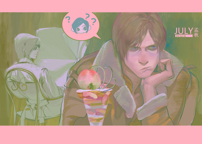 1boy, 1girl, ?, ada_wong, bags_under_eyes, black_hair, blonde_hair, border, brown_jacket, chair, chibi, chibi_inset, commentary, frown, fur-trimmed_jacket, fur_trim, head_on_hand, highres, holding, holding_newspaper, image_in_speech_bubble, jacket, leon_s._kennedy, letterboxed, newspaper, parted_bangs, peanut9021, pink_border, resident_evil, resident_evil_4, resident_evil_4_(remake), sunglasses, swept_bangs, symbol-only_commentary, upper_body