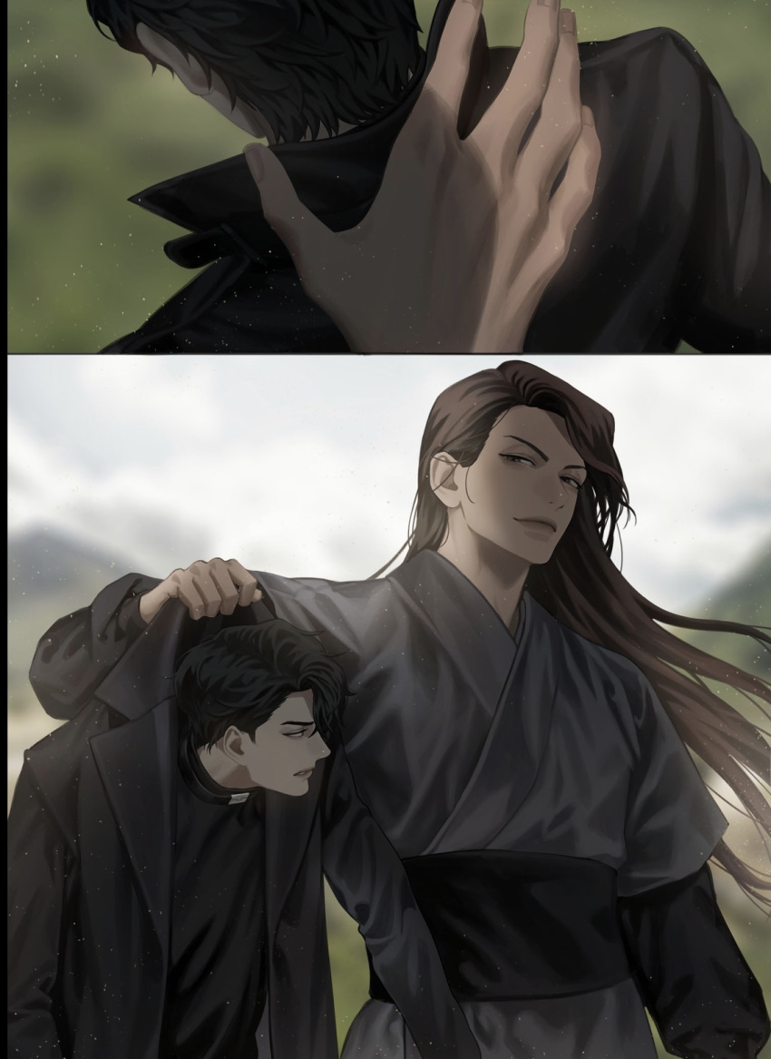 1boy, 1girl, black_coat, black_shirt, blackbox_(blackbox9158), brown_eyes, brown_hair, clothes_grab