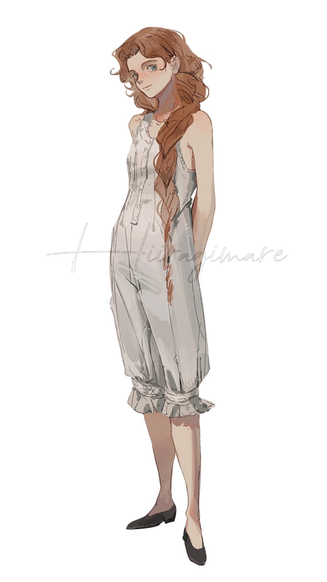 1girl, arms_behind_back, black_shoes, blue_eyes, braid, braided_ponytail, chemise, closed_mouth