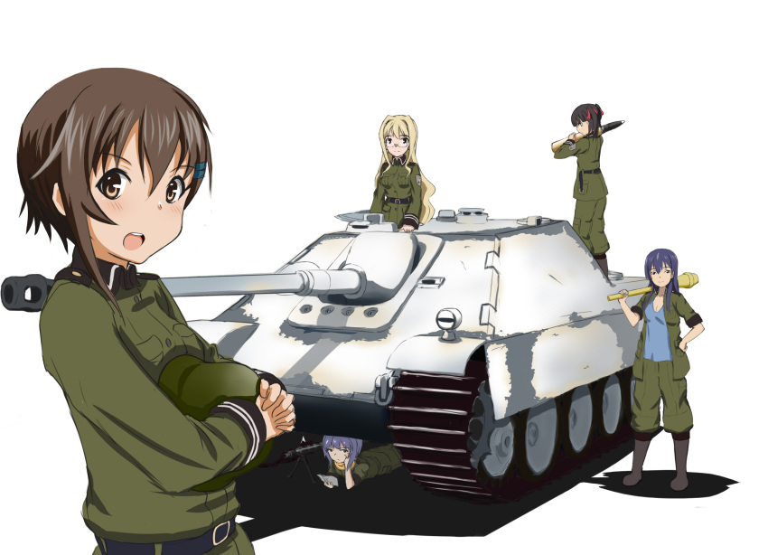 book, caterpillar_tracks, filicia_heideman, glasses, gun, helmet, highres, hu_sea, jagdpanther, kannagi_noel, kazumiya_rio, machine_gun, mg42, military, military_uniform, military_vehicle, multiple_girls, panzerfaust, reading, self-propelled_gun, simple_background, sleeves_rolled_up, sora_no_woto, sorami_kanata, suminoya_kureha, tank_destroyer, uniform, vehicle, weapon, wehrmacht, white_background, world_war_ii, wwii