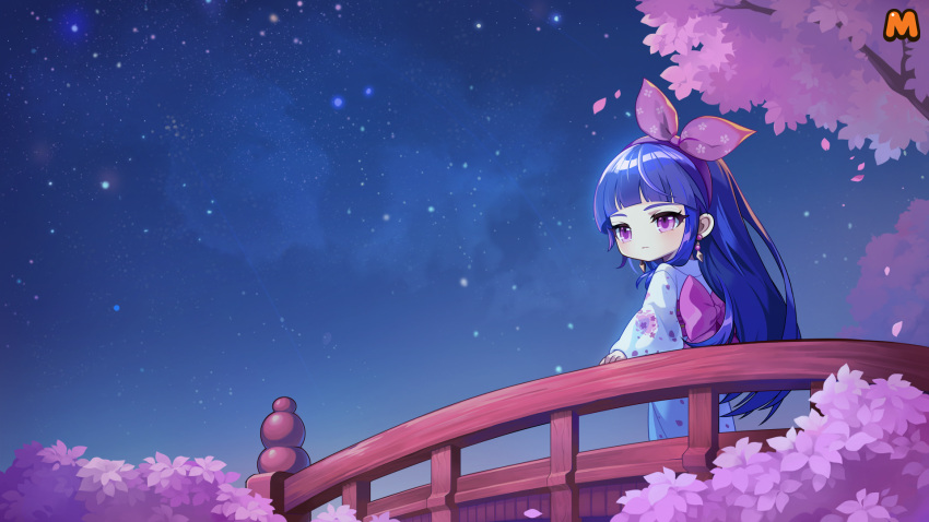 arch_bridge, arched_bangs, artist_request, ayanokouji_kanna, back_bow, bad_source, blue_hair, blue_sky