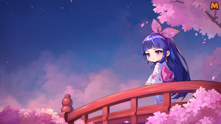 arch_bridge, arched_bangs, artist_request, ayanokouji_kanna, back_bow, bad_source, blue_hair, blue_sky