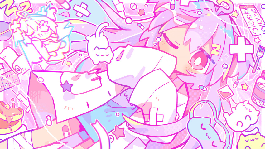 1girl, absurdres, bandaged_leg, bandages, bandaid, bandaid_on_leg, blue_shirt, bright_pupils