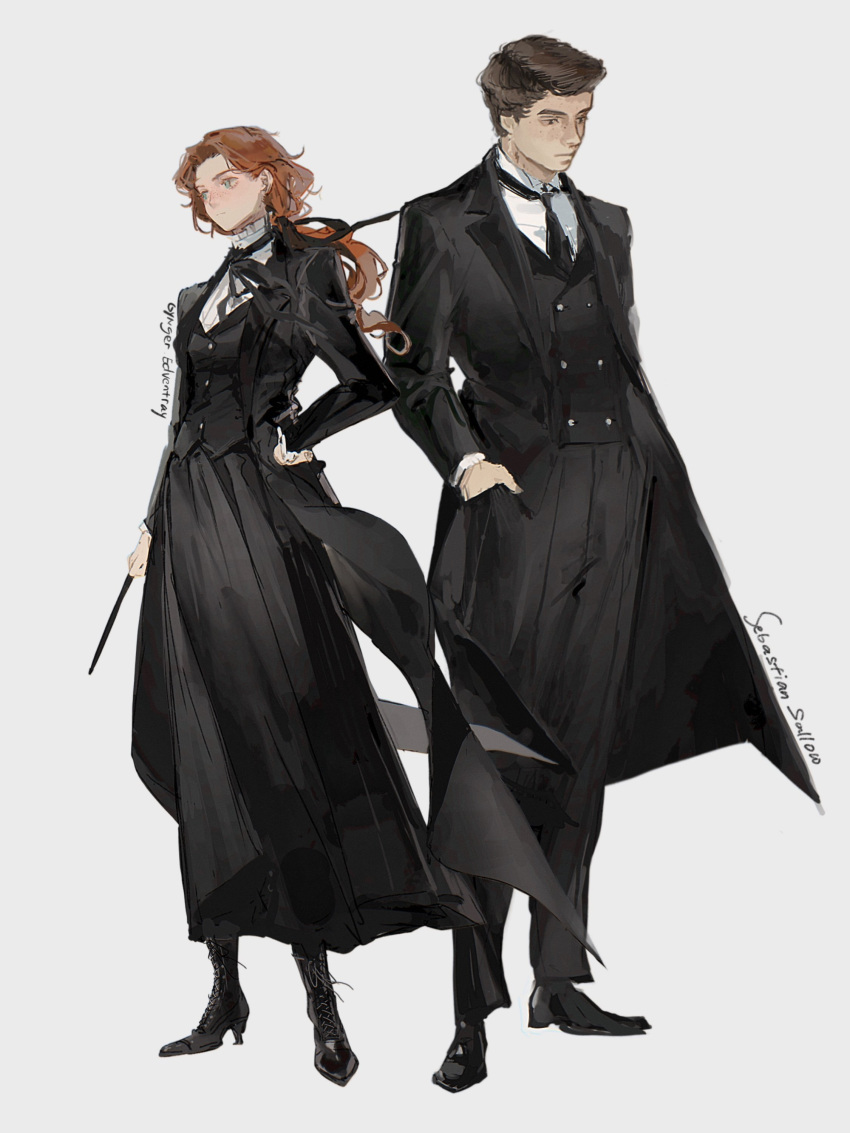 1boy, 1girl, absurdres, black_boots, black_coat, black_eyes, black_necktie, black_pants